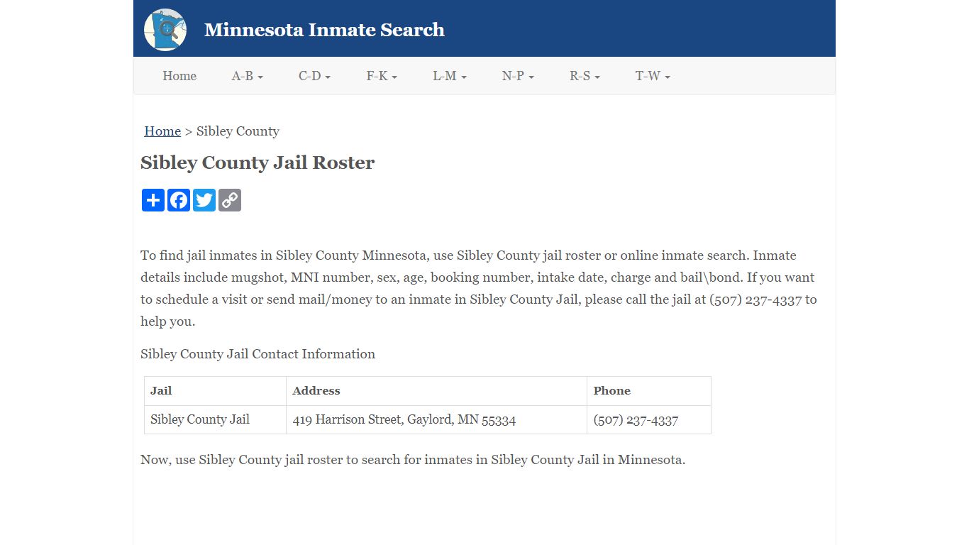 Sibley County Jail Roster - Minnesota Inmate Search